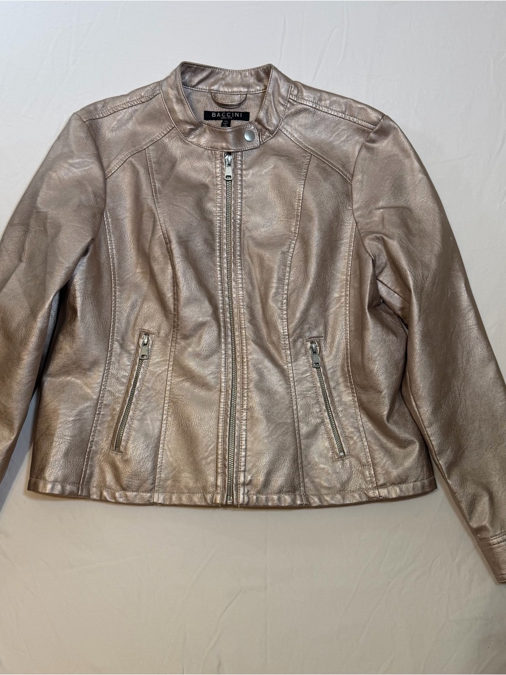 Baccini Metallic Taupe Faux Leather Zip-Front Jacket